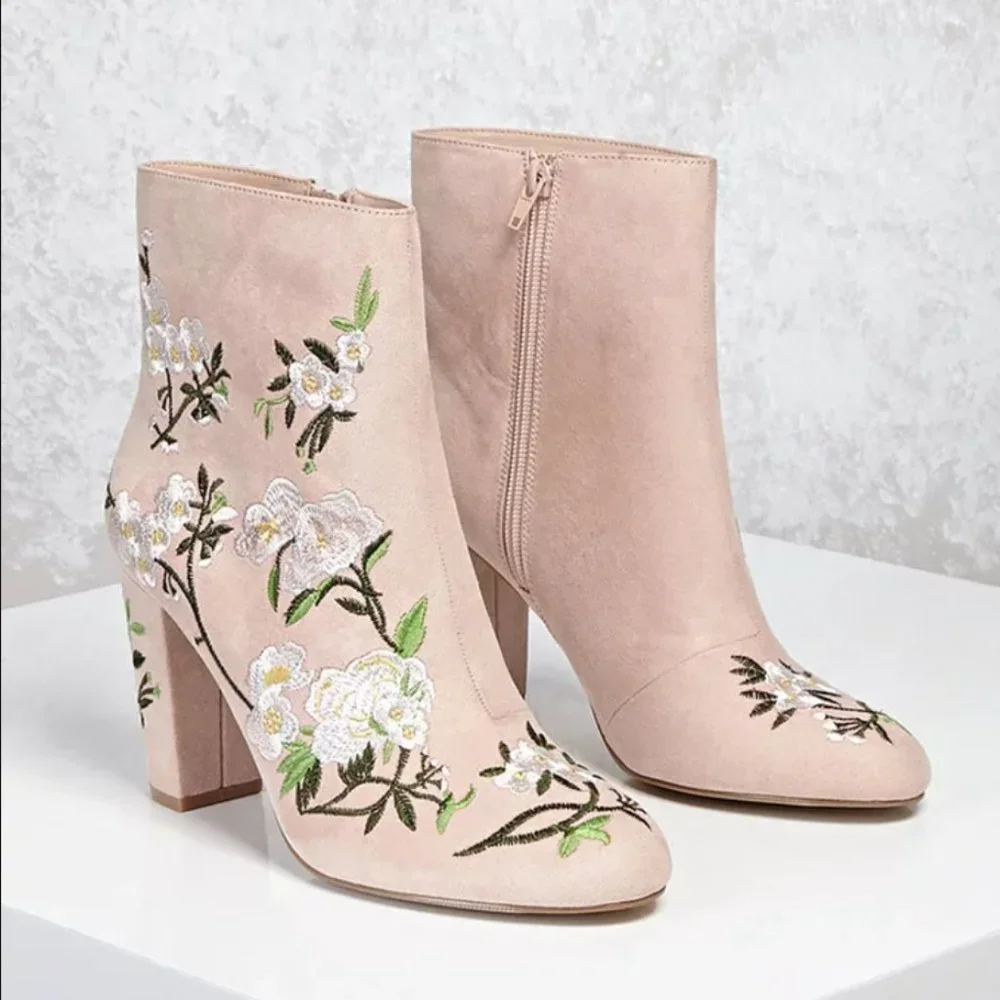 Forever 21 Blush Pink Embroidered Floral Ankle Boots